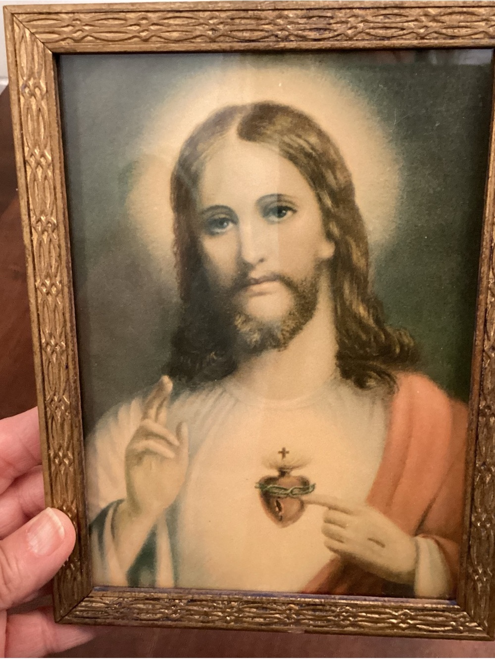 Framed Sacred Heart Religious Print - Gold Frame, Red and White